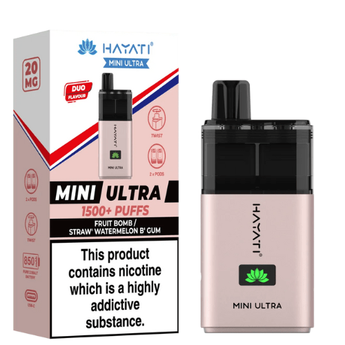Hayati Mini Ultra 1500 Disposable Vape Device - 20MG Pack of 5 - Eliquid Base - Fruit Bomb / Straw'Watermelon B'Gum